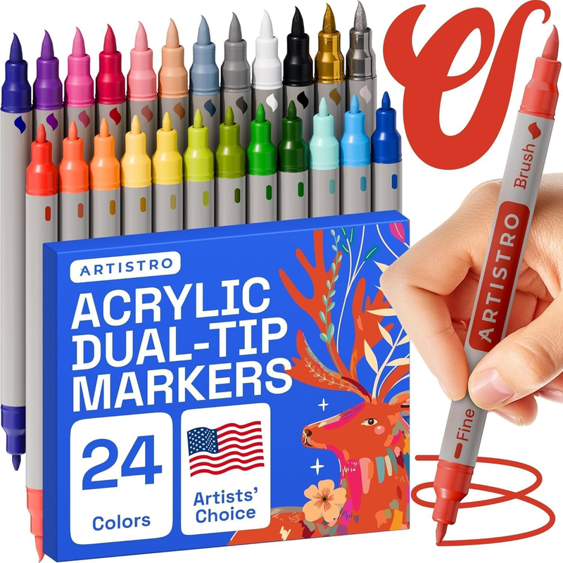 ARTISTRO Acrylic Paint Pens, Art Set Acrylic Paint Markers Dual Tip, Acrylic Markers for Fabric, Canvas, Rock, Glass, Wood, Paper, DIY, Paint Markers, Multicolor (Dual Tip Brush + Fine, 24)