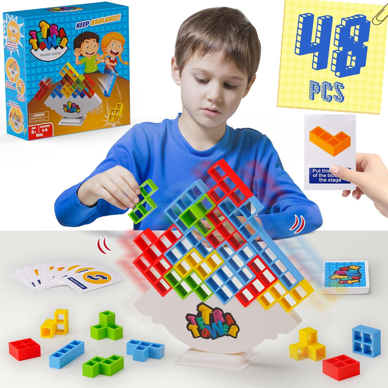 48PCS Tetra Tower, Fun Balance Stacking Building Blocks Board Game for Kids, Adu