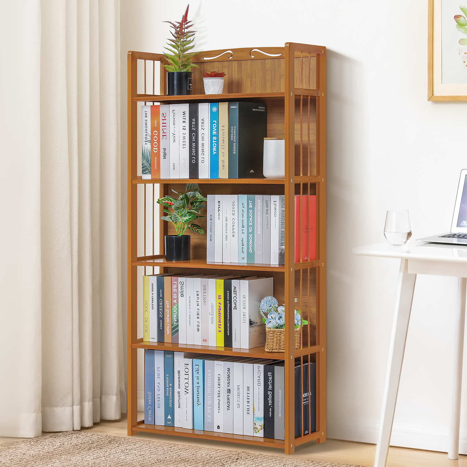 28"Natural Bamboo [ENCLOSED BACK] 5-Tier Freestanding Bookcase Home Display Case