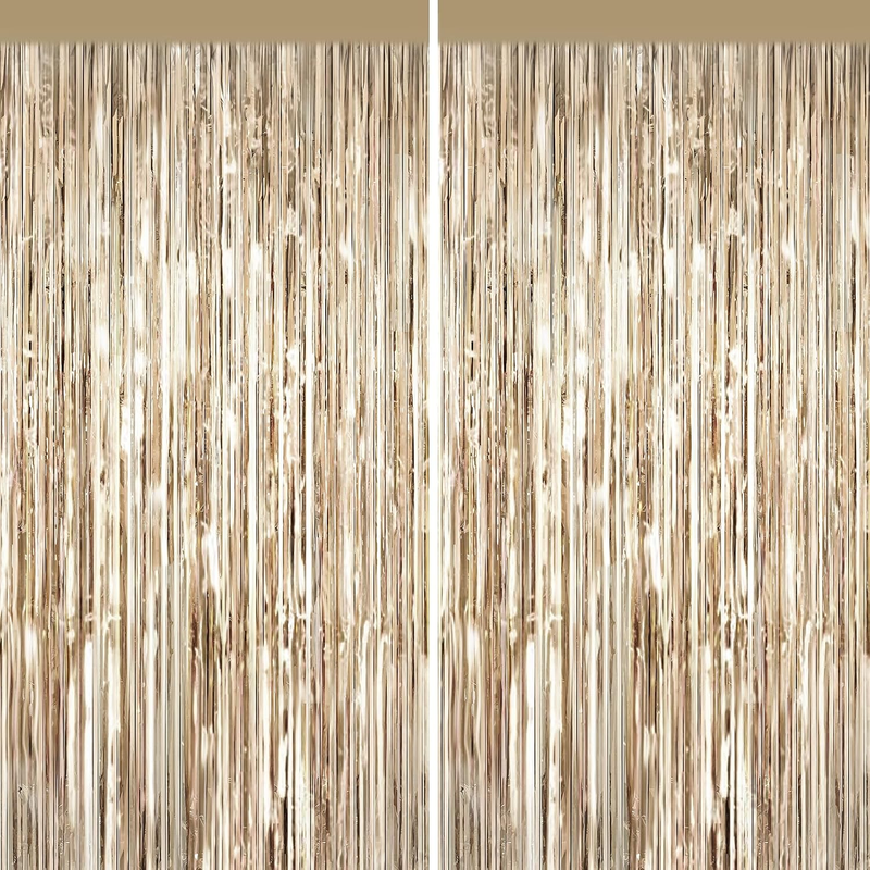 Champagne Gold Tinsel Backdrop, 2 Pack Foil Fringe Curtains for Party Decor | El
