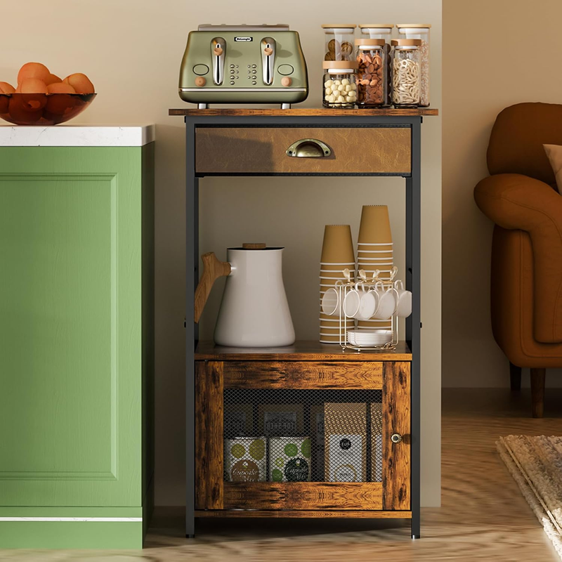 Coffee Bar Station, 3-Tier Small Coffee Stand Station with Storage, Farmhouse-Style Kitchen Microwave Stand Featuring 1-Door Cabinet Ideal for Living Room, Entryway, Kitchen