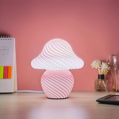 Mushroom Lamp Small Pink Table Lamp with Striped Glass Cute