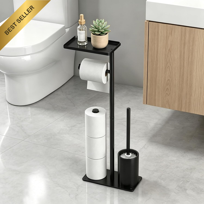 Toilet Paper Holder Stand with Toilet Brush, 3-Roll Reserve Storage