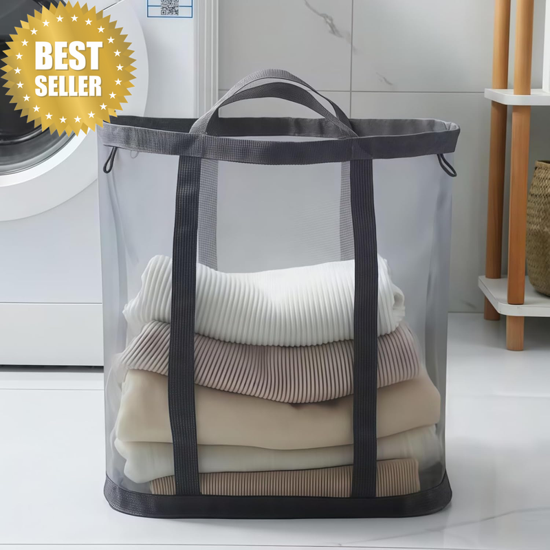 Foldable Mesh Laundry Basket Hamper Bag with Handles, 40 X 40 X 25 Cm（Grey) | Me