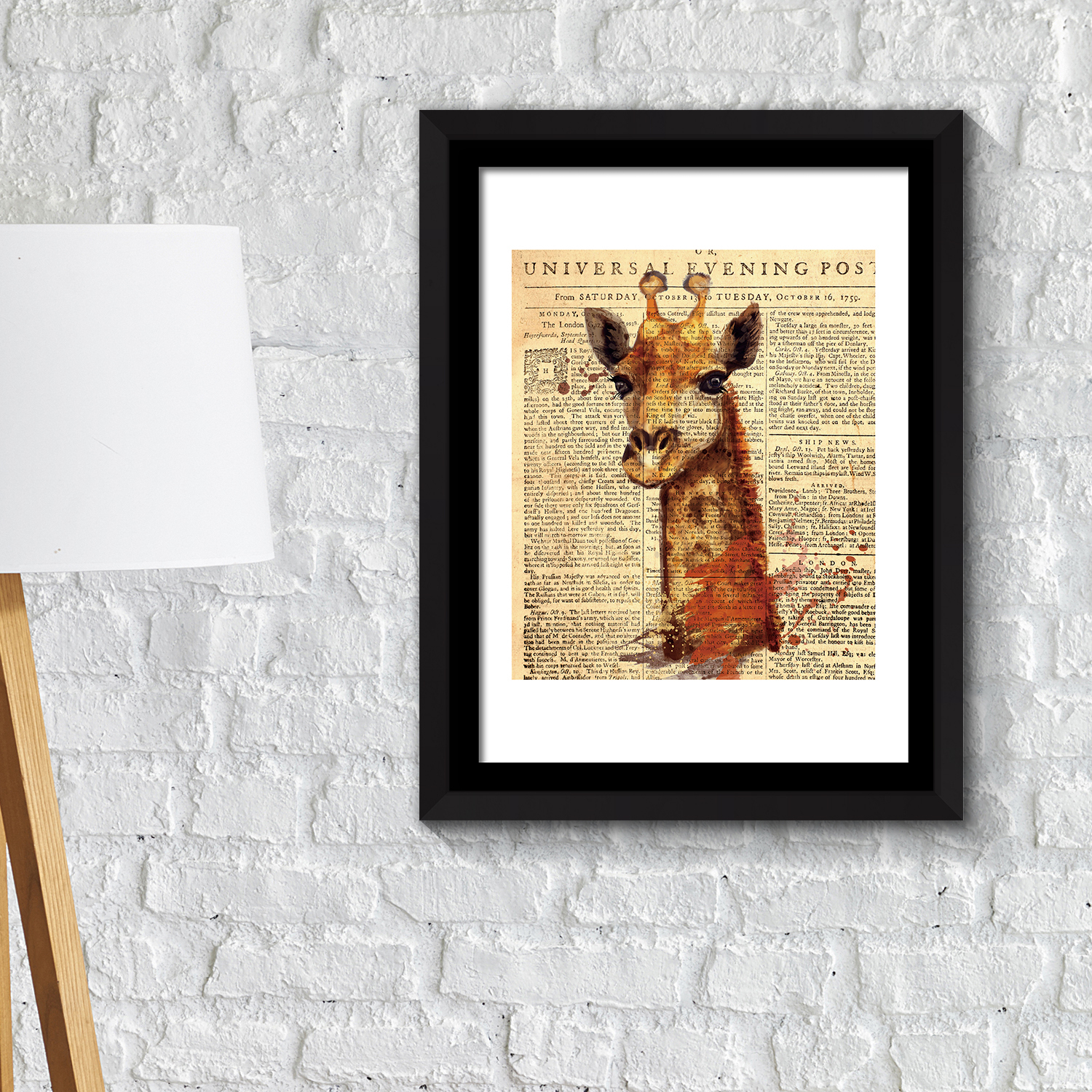 Wall Frame Art Giraffe Newspaper Animal Poster Office Decor Home