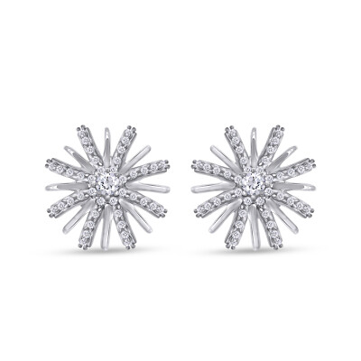 Snowflake Flower Earrings Simulated Diamond Sterling Silver With Push Back