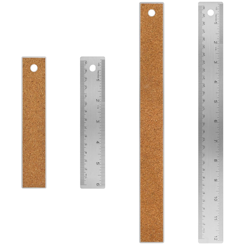 2 Pcs 6/12 Inch Metal Ruler with Cork Back, 15/30 Cm Scale with Inch and Metric,
