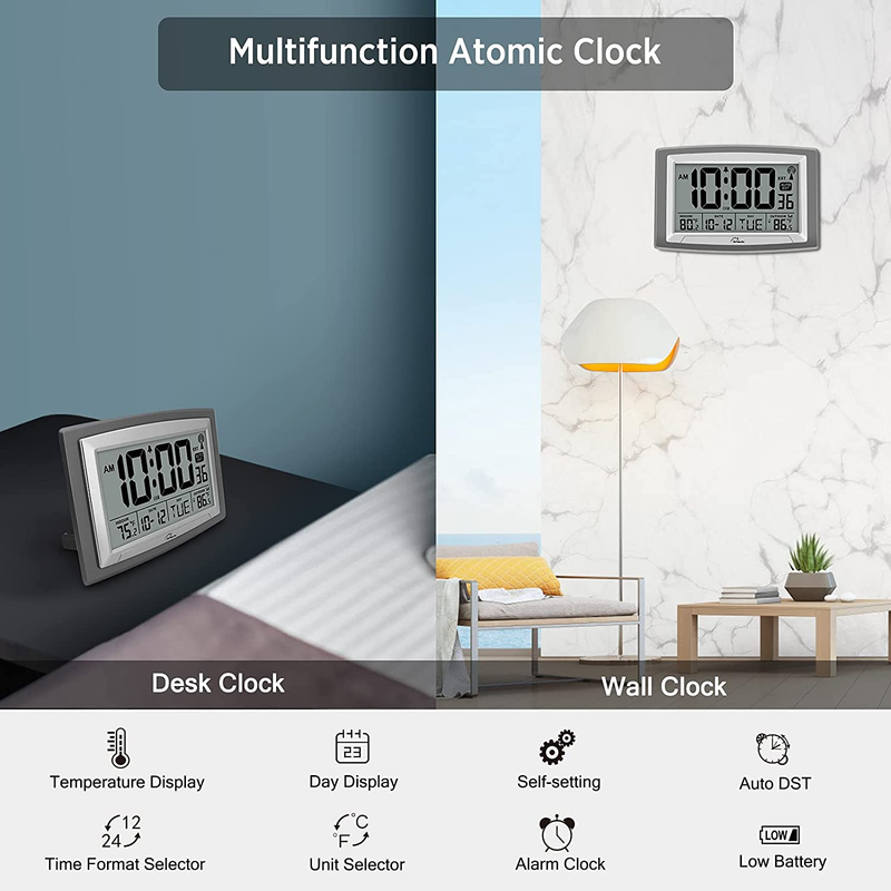 WallarGe Atomic Clock with Outdoor and Indoor Temperature - Self-Setting Alarm D