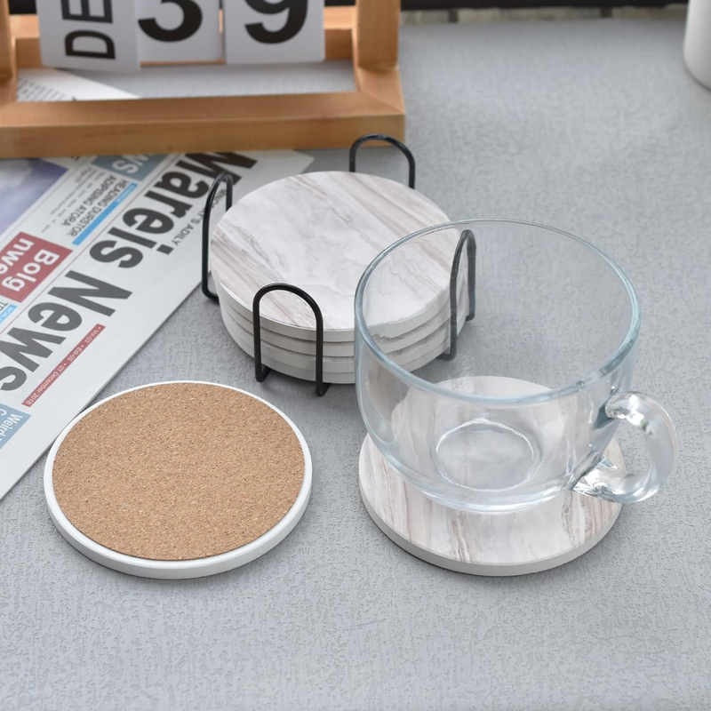 6PCS Coasters for Drinks with Metal Holder, Marble Style Ceramic Drink Coaster,