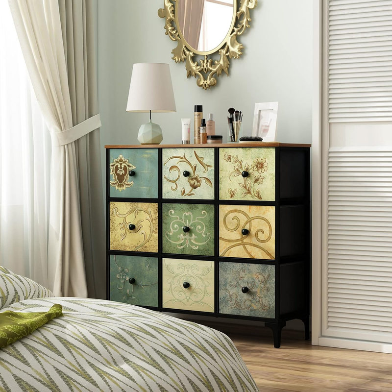 Dresser with 9 Drawers, Tall Storage Dresser for Bedroom, Modern Chest of Drawer