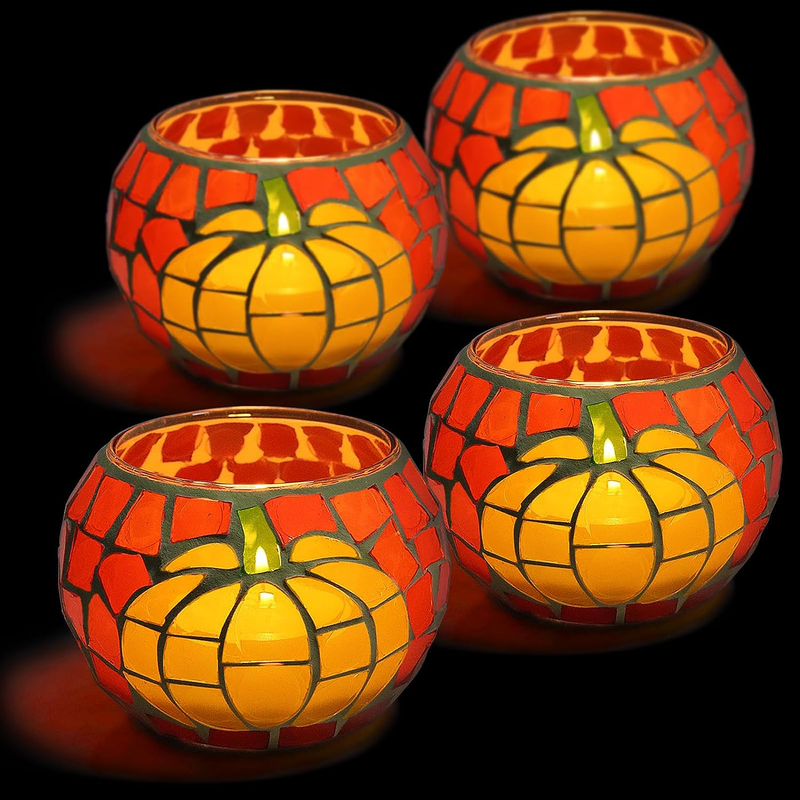 4 PCS Pumpkin Candle Holders, Fall Table Centerpiece Decorations, 100% Mosaic Gl