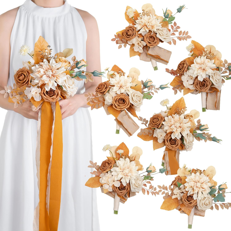 Set of 6 Boho Bridesmaid Bouquet, Terracotta Wedding Bouquet, Small for Marriage Proposal Party, Wedding Ceremony, Anniversary - Artificial Flowers