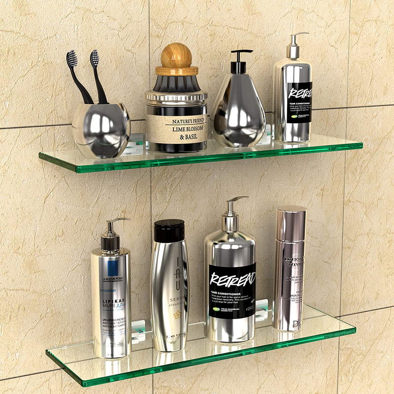 2 Sets Glass Shelves for Bathroom, No Drilling Shower Caddy Glass Shelves for Wa