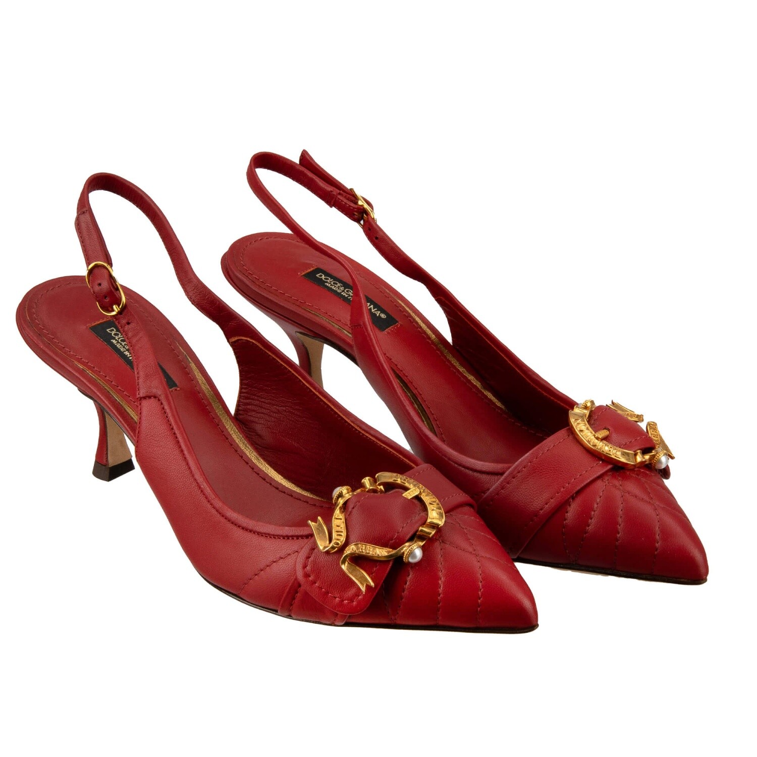 Pre-owned Dolce & Gabbana Devotion Lori Pearl Buckle Slingbacks Leather Pumps Red In White