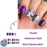 Halloween Fake Nails Purple Glitter Press on Nails Short Square with Spider Web Bat Designs Acrylic Nails Press ons Purple Halloween Stick Glue on Nails Full Cover Spooky False Nails for Women 24 Pcs