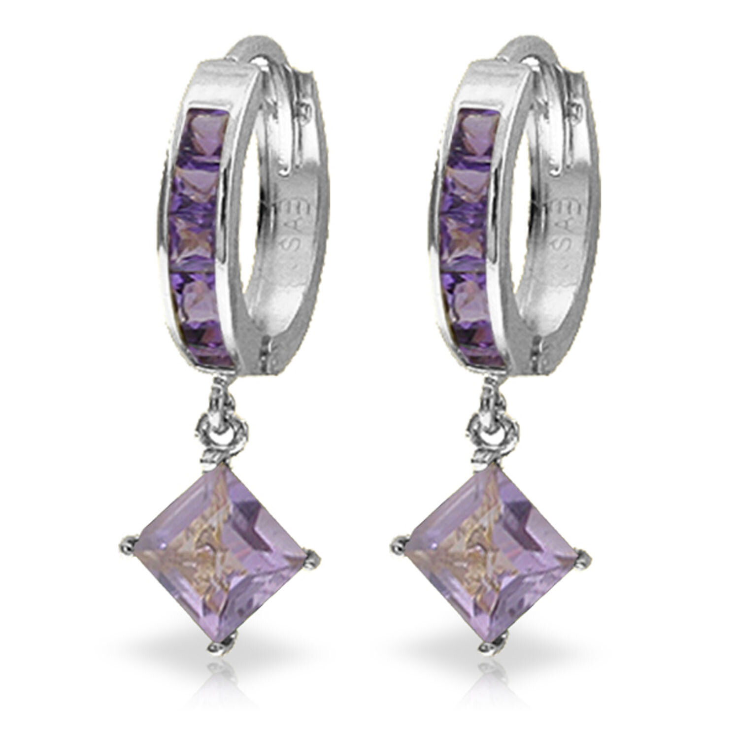 14K. SOLID GOLD HOOP EARRING WITH DANGLING AMETHISTS (White