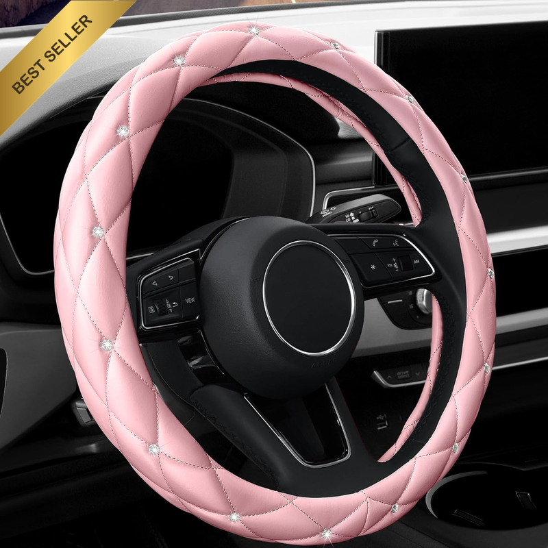 Cute Diamond Soft Light Pink Leather Anti-Slip Steering Wheel Cover with Bling B
