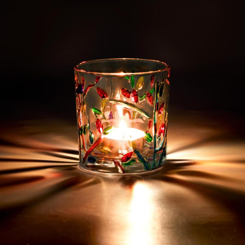 , Glass Votive Candle Holders With Colorful Leaf Pattern,