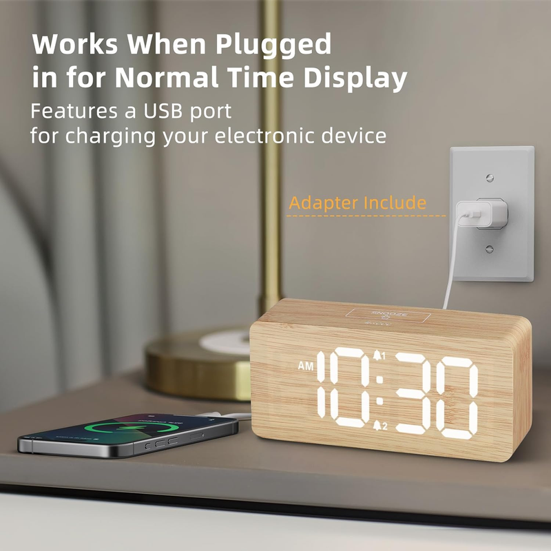Wooden Digital Alarm Clocks for Bedrooms: Dimmable Dual Alarm Clock with Large N
