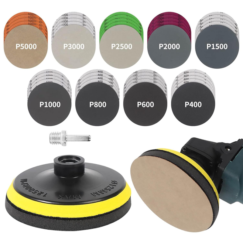 45PCS 5 Inch Wet Dry Sanding Discs Kit with Hook and Loop Backing Pad 5/8-11, An