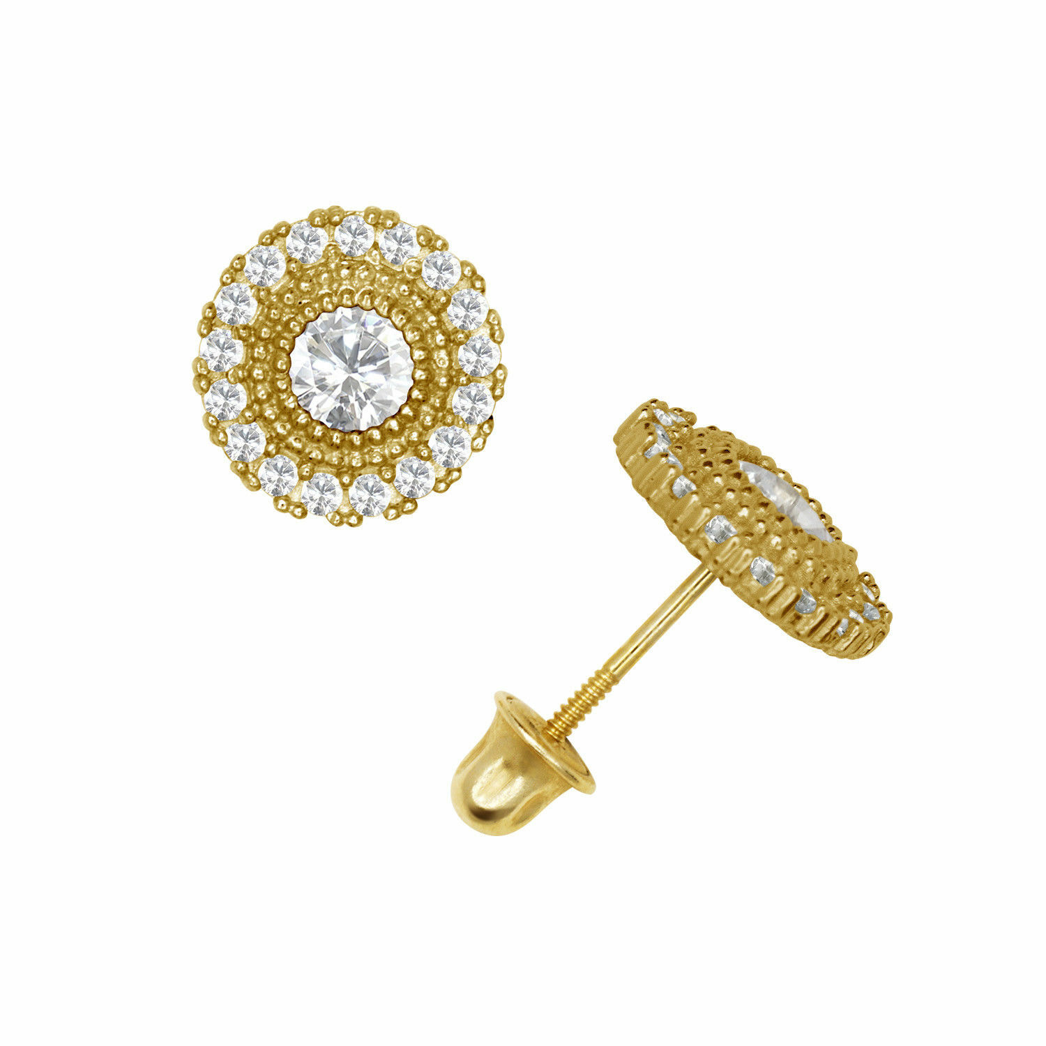 Pre-owned Limor Brilliant Round Cut Halo Stud Earrings Screw Back 14k Yellow Gold In Blue