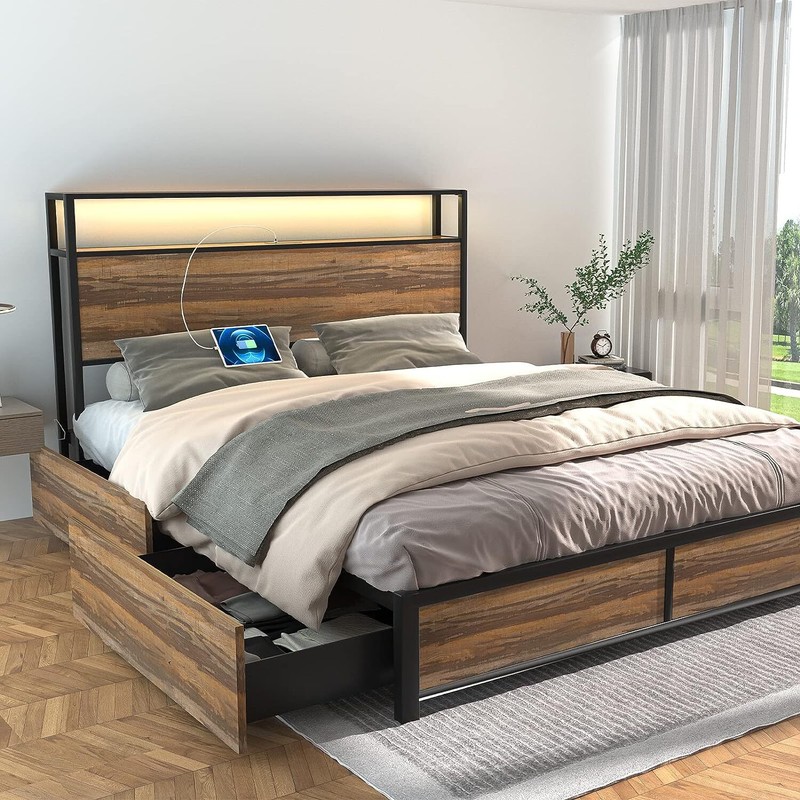 Queen Size Bed Frame Metal Platform Bed with Storage Drawers Headboard USB Ports