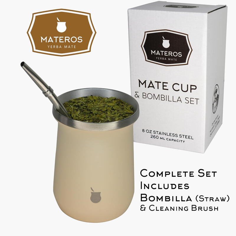 Yerba Mate Cup and Bombilla Set, 8 Oz Double Walled Stainless Steel (Includes Bo