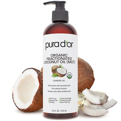 PURA D'OR Dor Fractionated Coconut Oil 100% Organic 16oz for Face, Skin & Hair