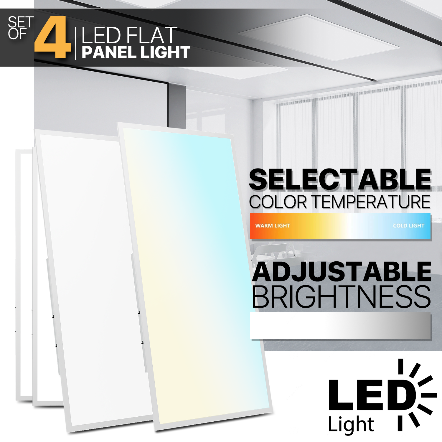 4Pcs 2x4 LED Flat Panel Light 6000LM 5000K Dimmable Drop