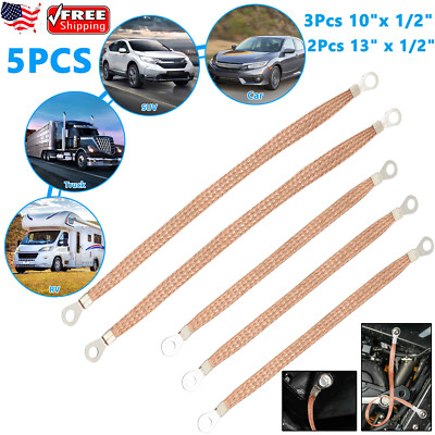 5PCS/Set Universal Copper Engine Ground Strap Cable 3-10'' AND 2-13'' Truck Car US
