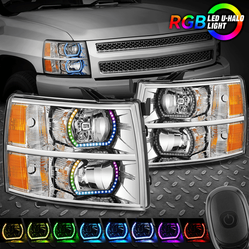Для 07-13 Chevy Silverado Хромированная янтарная RGB светодиодная фара DRL с последовательным запуском