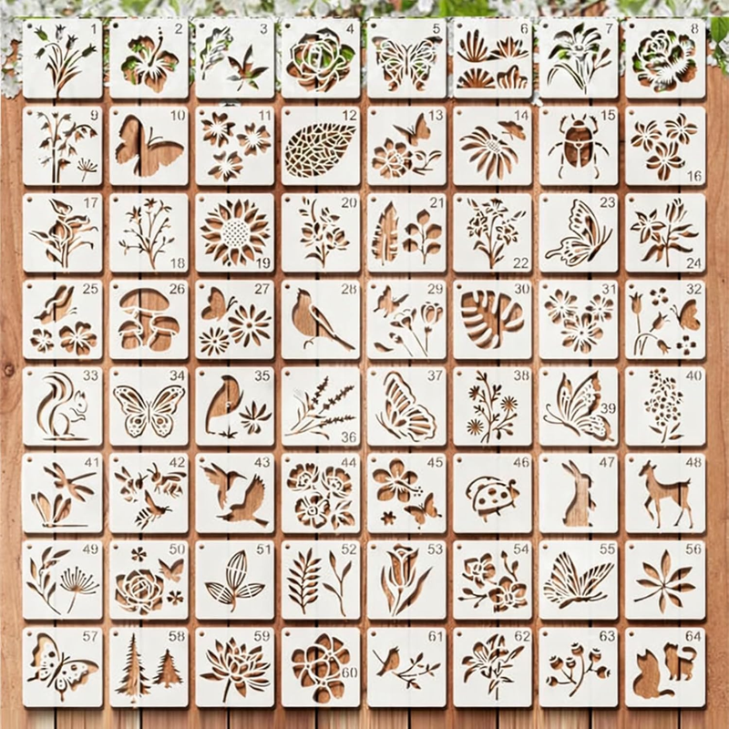 64 Pcs Reusable for Crafts (7.6X7.6Cm),Stencils for Painting with Flower,Leaf an