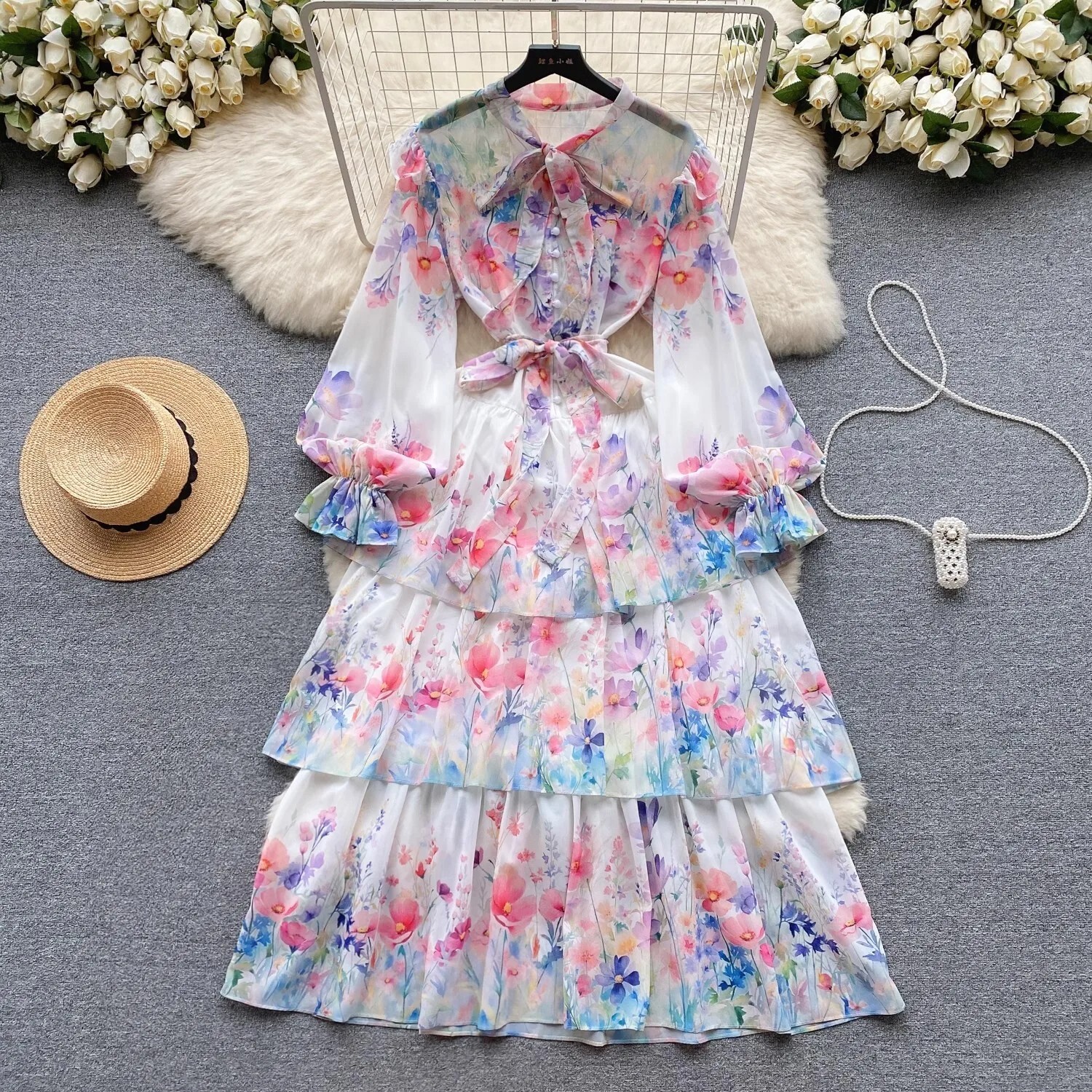 Spring Summer Flower Print Dress Chiffon Loose Bow Collar