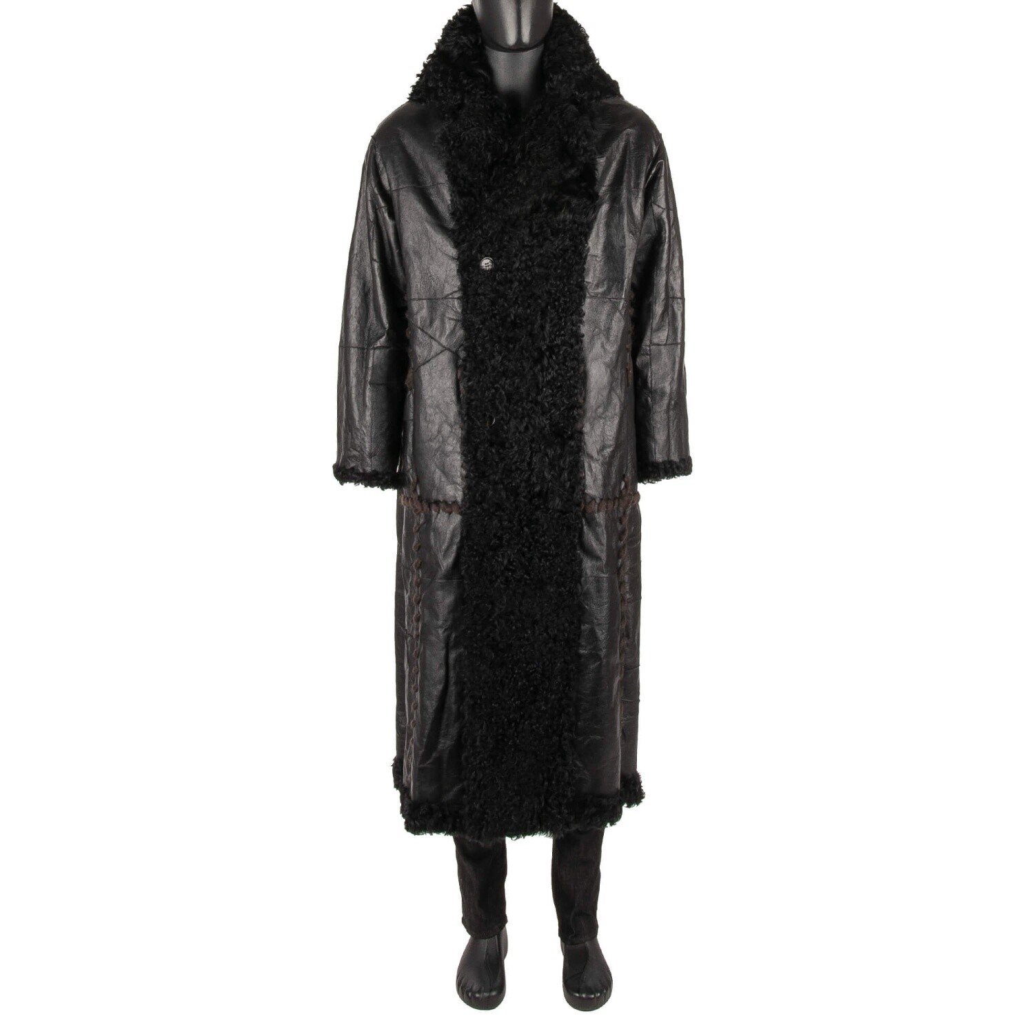 Pre-owned Dolce & Gabbana Runway $9.500 Oversize Long Lamb Fur Leather Coat Black 11225