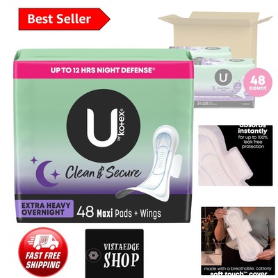 Clean & Secure Overnight Maxi Pads with Wings, 48 Count - Extra Heavy Absorbency
