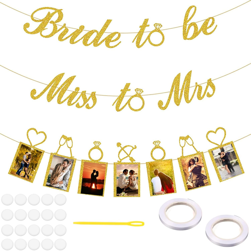 Engagement Party Decorations,  Gold Bride to Be Banner Miss to Mrs with Photo Ba