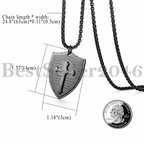 Men Shield Armor of God Ephesians 6:16-17 Faith Cross Necklace Pendant Chain 24"