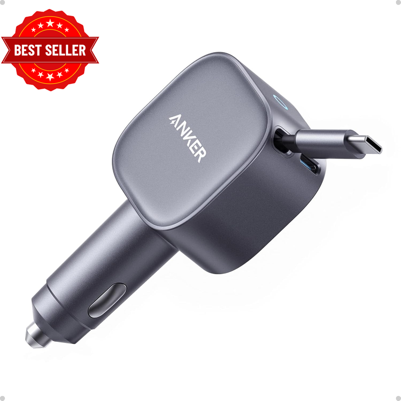 75W Fast Charging USB C Car Charger with Retractable Built-In Cable