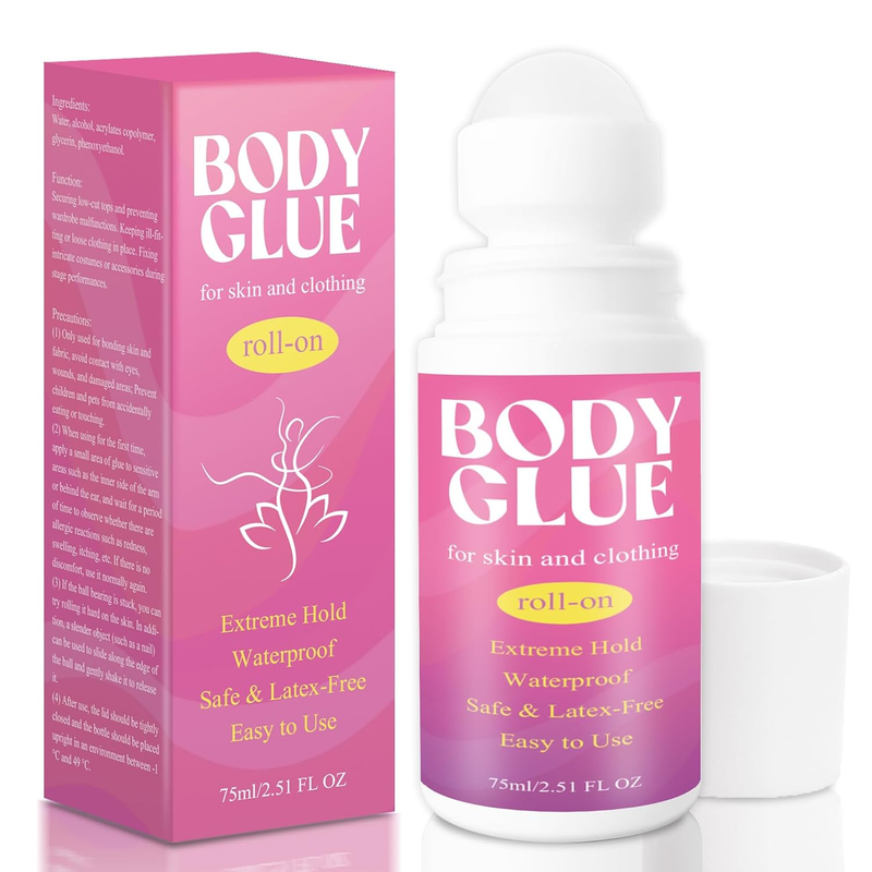 Strong Hold Body Glue for Skin and Fabric, Roll on Clothing Adhesive for Dresses