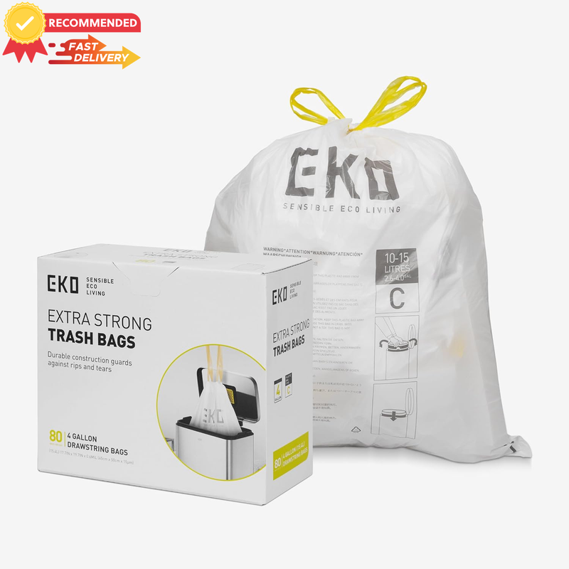 80-Pack Small Drawstring Rubbish Bags 10-15L, Extra Strong, Unscented, White