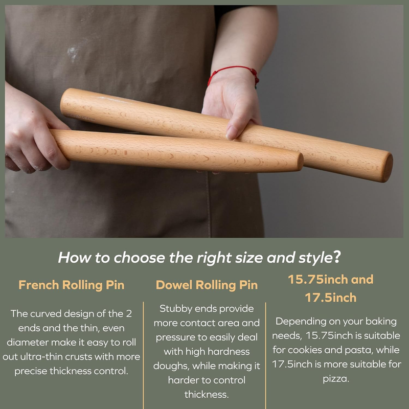 Wooden French Rolling Pin for Baking,Beech Wood (French 15.75-Inch-by-1.38-Inch)