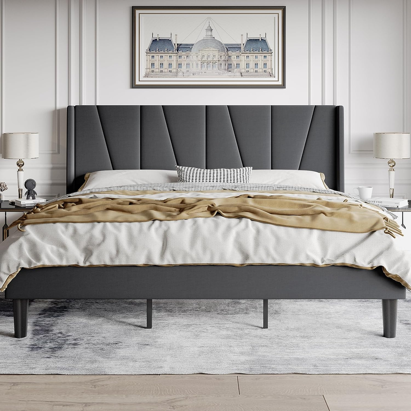 With Geometric Wingback Headboard, Wooden Slats Sup
