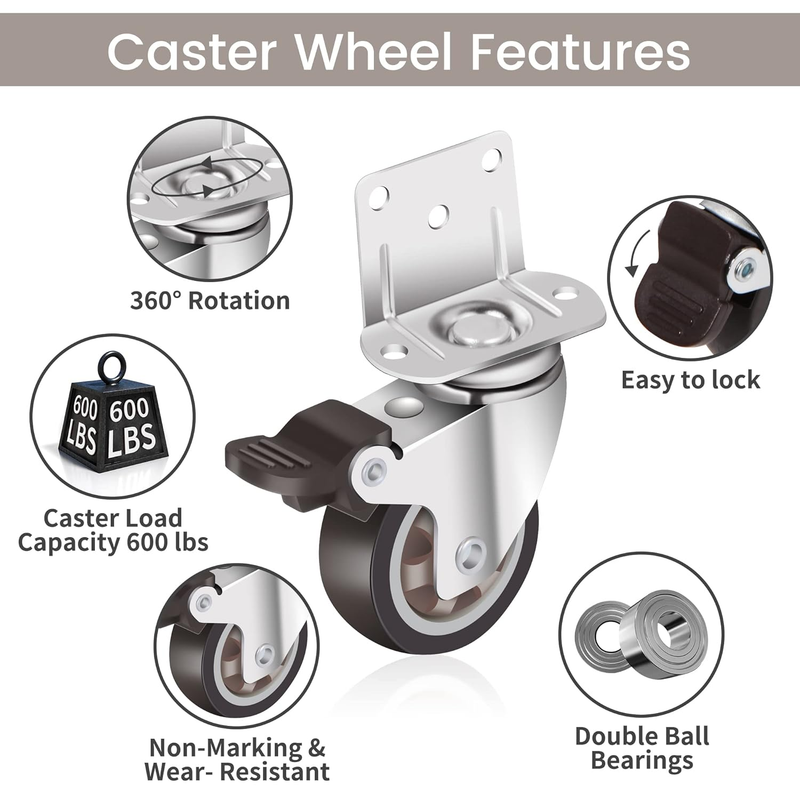 Side Mount Casters 2 Inch L-Shaped Small Rubber Caster Set of 4 with Load Capaci