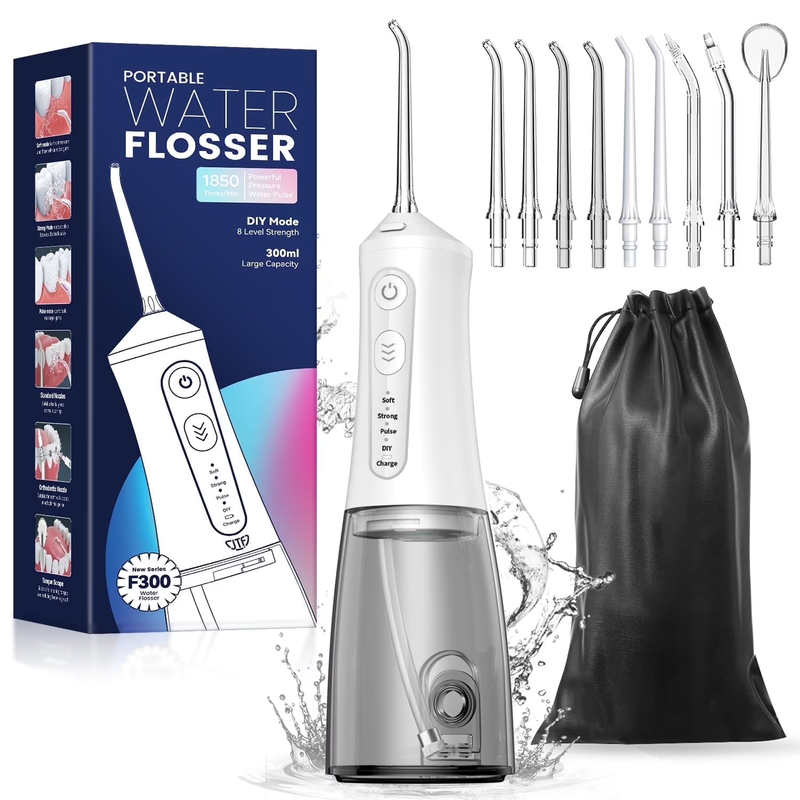 Portable Cordless Water Flosser with 9 Jet Tips, 300ML Tank, IPX7 Waterproof