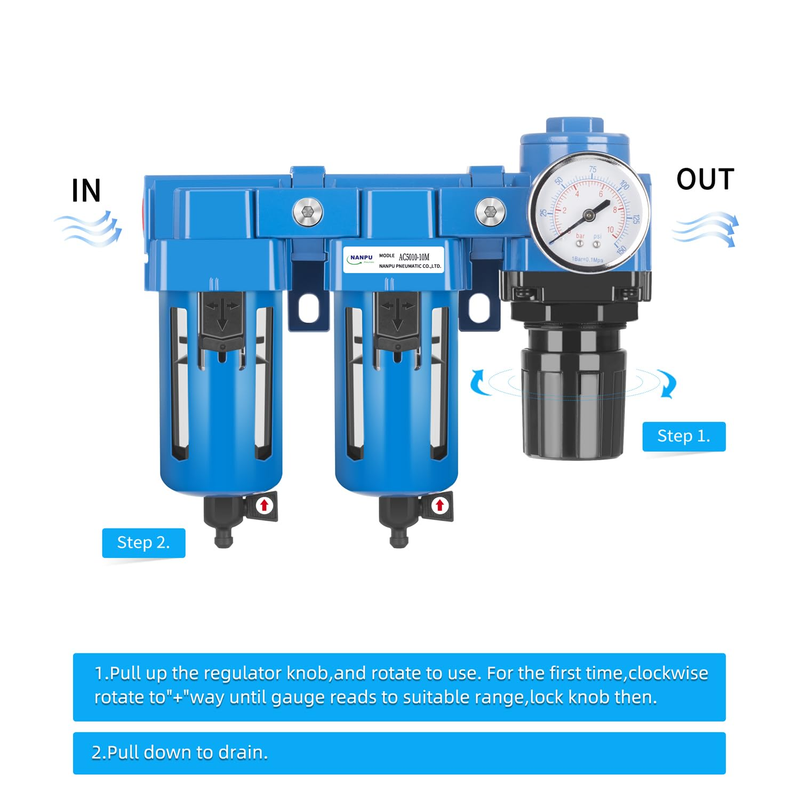 3/8" NPT Air Drying System - Double Air Filters, Air Pressure Regulator Combo -