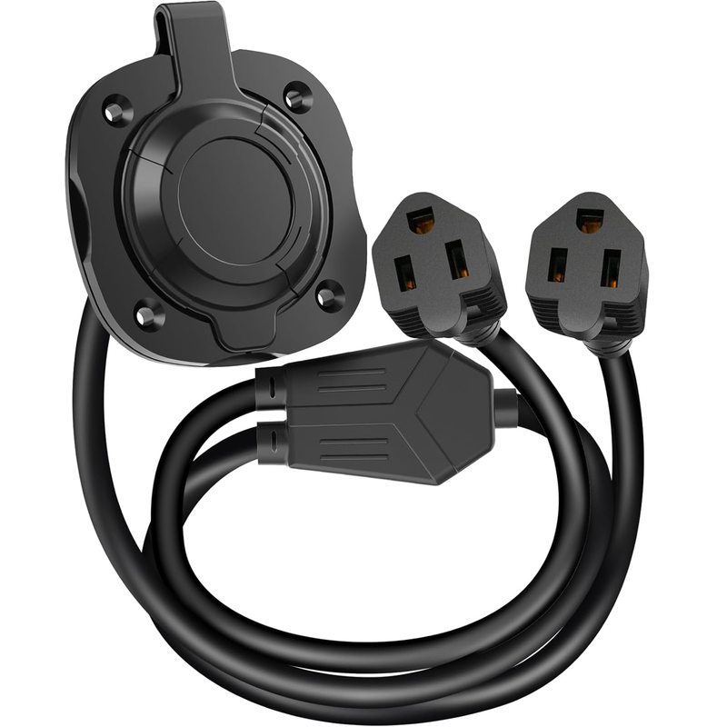 15 Amp 125V AC Power Inlet Port Plug with Integrated Dual 18" Extension Cord, NE