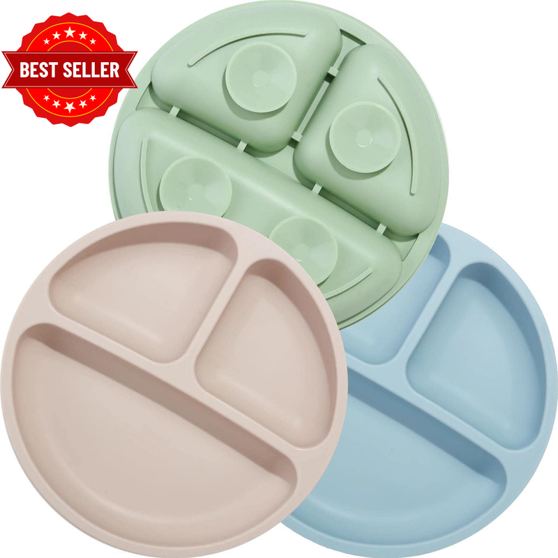 - 3 Pack- Silicone Baby Suction Plates for Toddler Kids Self Feeding, Stay Put D