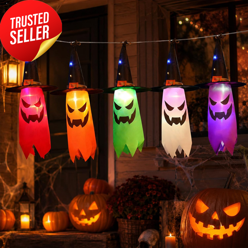Halloween Ghost Witch Hat Decoration Lighted Hanging Glow Colorful