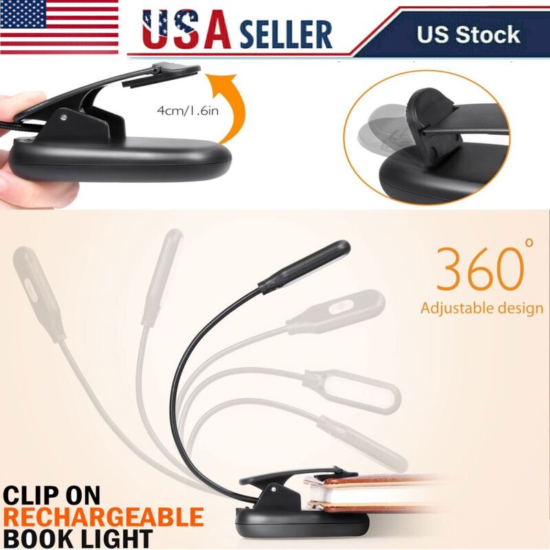 USB Rechargeable LED Book Light, Flexible Clip-On Reading Lamp for Readers US