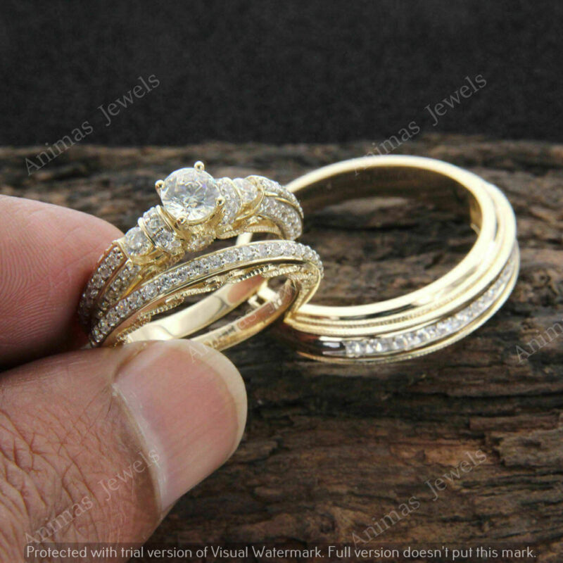 His & Her 2 Ct Moissanite Bridal Engagement Trio Ring Set 14k Yellow Gold Plated